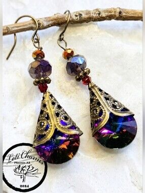 Victorian Volcano & Dark AB Crystal Filigree Drop Earrings In Brass